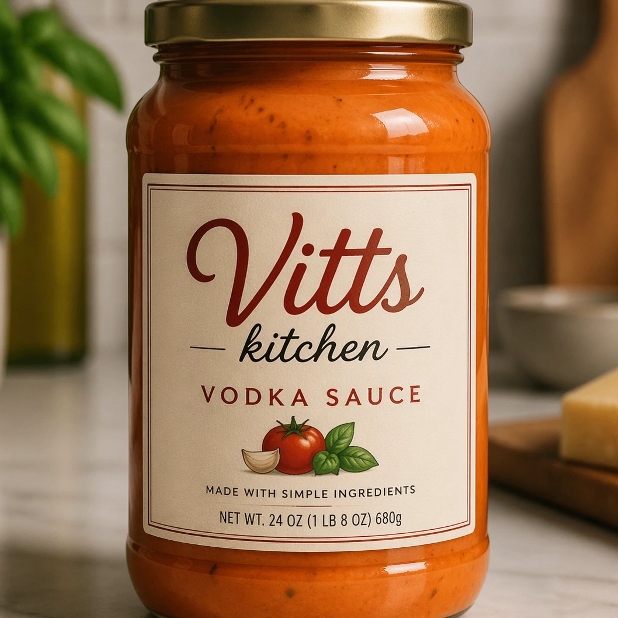 A jar of Vitts Kitchen Vodka Sauce with simple ingredients.