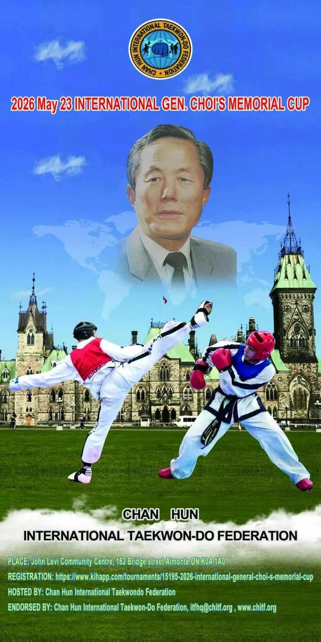 Promotional poster for the 2026 International Gen. Choi's Memorial Cup Taekwon-Do tournament.