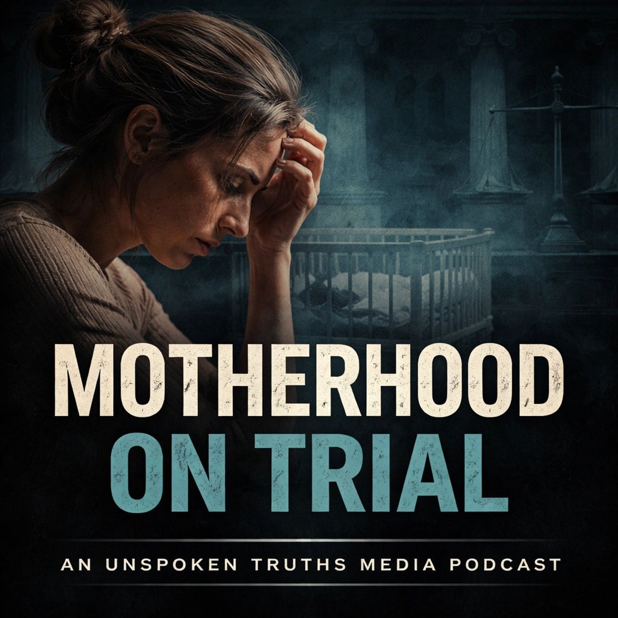 A distressed woman with a baby crib and scales of justice in the background, titled "Motherhood on Trial."