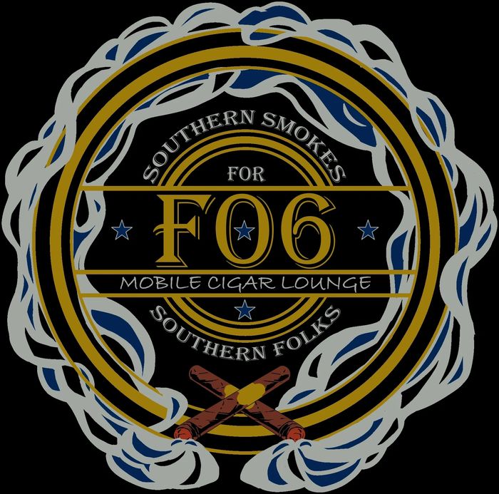 Logo for FO6 Mobile Cigar Lounge with cigars and smoke design.