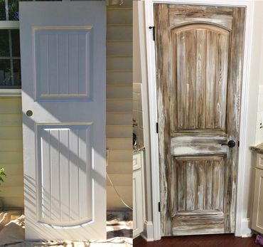 Before and after photo of a distressed weathered door painting treatment for Raleigh resident.