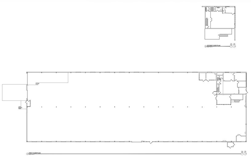 Blueprint showing first and second floor plans of a spacious building with rooms and staircases.