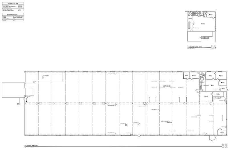 Architectural blueprint showing first and second floor plans with detailed room layouts and measurements.