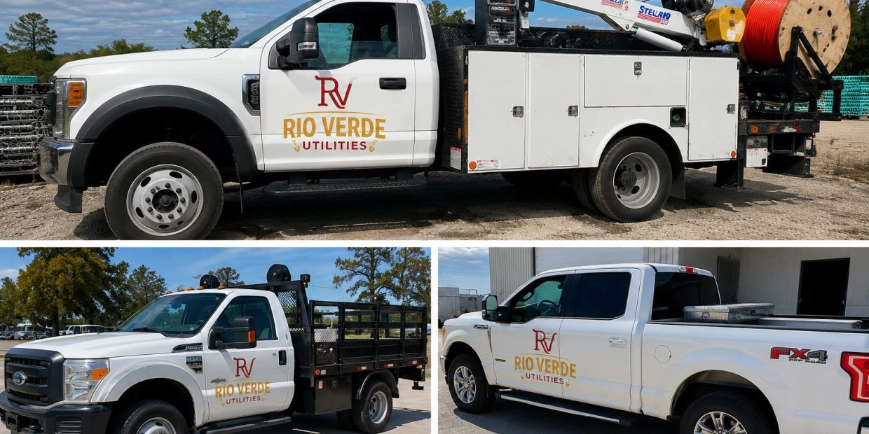 Three white utility trucks with Rio Verde Utilities logo parked outdoors.