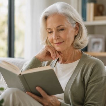 Elderly woman enjoying a book in a cozy room.