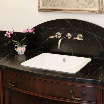 vintage vanity, soapstone, kohler purist, st. louis city, interior designer