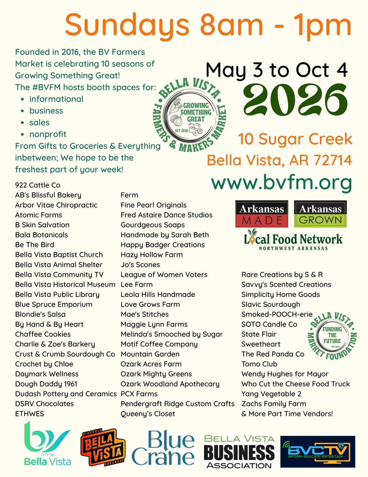 Bella Vista Farmers Market every Sunday from 8am to 1pm, May 3 to Oct 4, 2026.