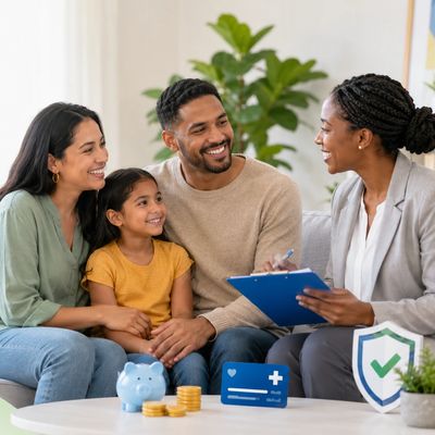 Financial advisor consulting a happy family with savings and credit icons.