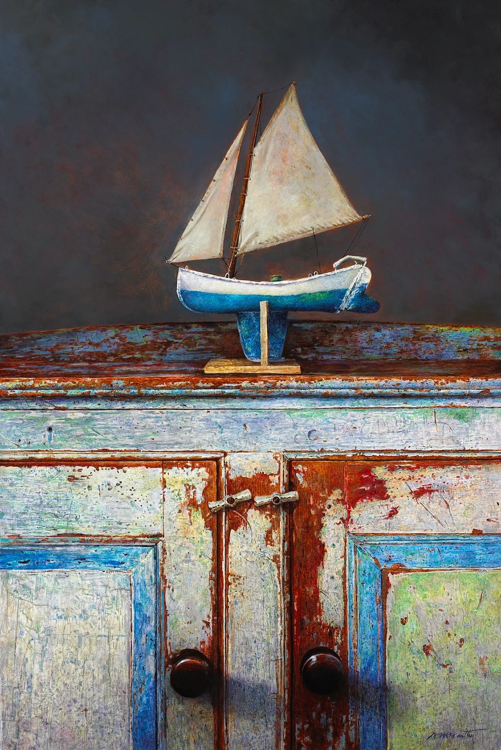 "Folk Boat Still Life," oil, 54x36"