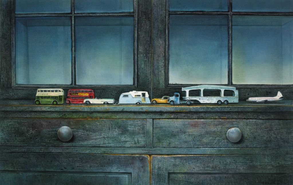 "Grey Cabinet Still Life," watercolour, 25x39"