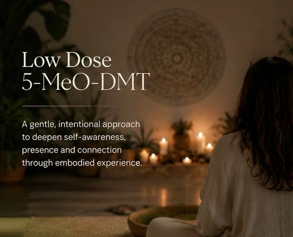 A serene scene promoting low dose 5-MeO-DMT for deepening self-awareness and connection.