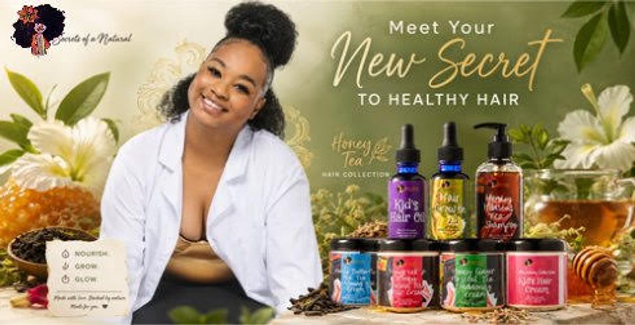 Smiling woman promotes natural hair care products for healthy hair.