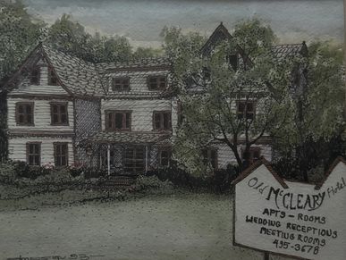 The Challstedt Era; painting; Front of The McCleary Hotel; sign in foreground; front gardens