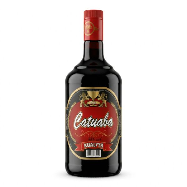 Bottle of Catuaba Kualyta liquor with red and black label.