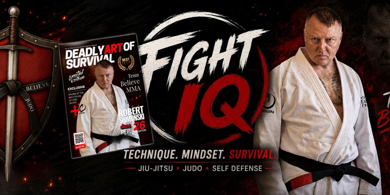 A martial arts fighter in a white gi promoting Fight IQ and survival skills.
