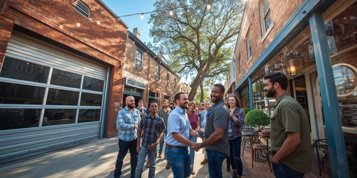 Two men shake hands outdoors surrounded by a group of people.