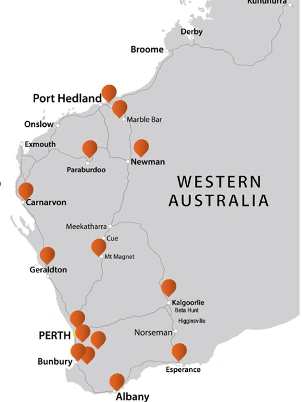 Map of Western Australia highlighting key towns and cities with markers.