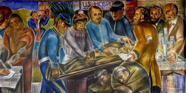 UCSF Mural by Bernard Zakheim featuring Biddy Mason with Dr. John S. Griffin. The family is working 
