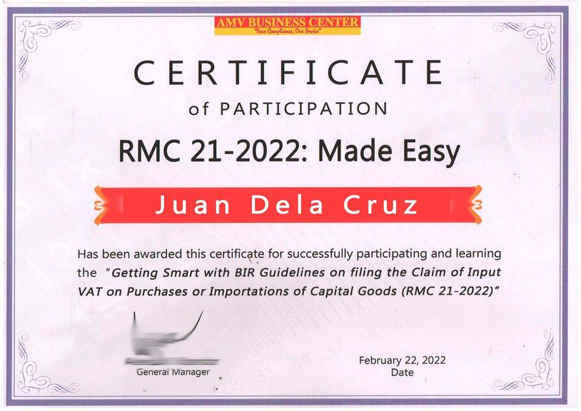 Certificate of Participation,RMC 21-2022, Certificate, BIR RMC No. 21-2022, participation cert.