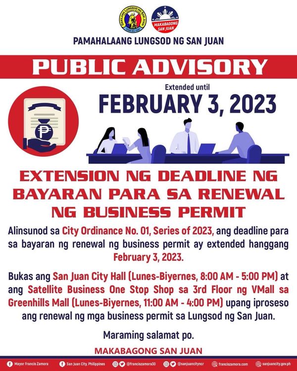 San Juan City Business Renewal extended until February 3, 2023, San Juan City business extension