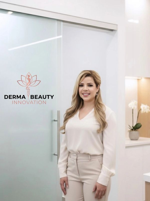 A woman stands smiling in a modern beauty clinic with a Derma Beauty Innovation logo.