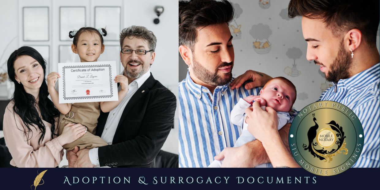 Happy families with adoption and surrogacy documents.