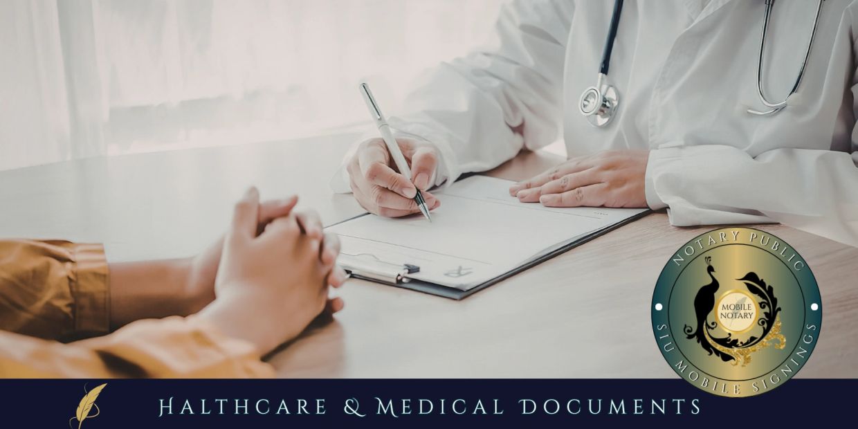 Doctor writing on a medical document with notary seal.