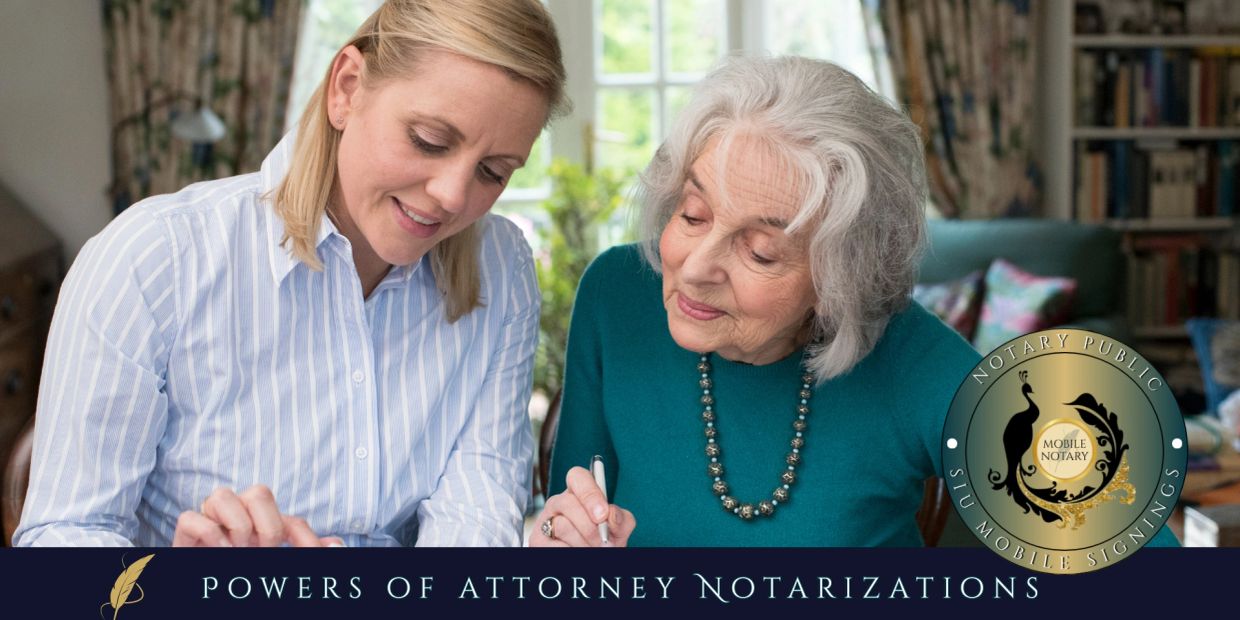 Two women signing documents for power of attorney notarization.