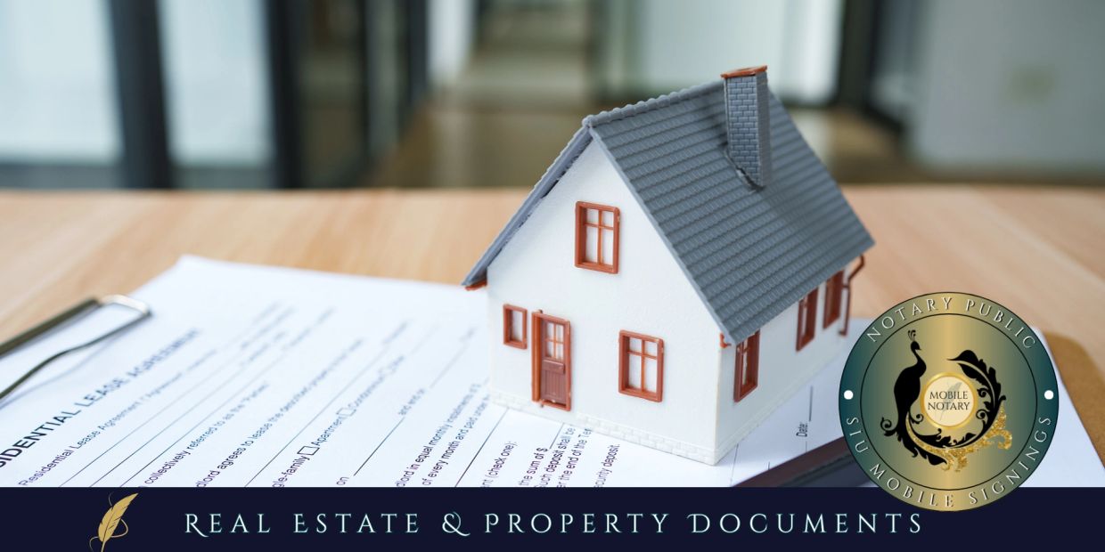 Model house on real estate documents with a mobile notary seal.