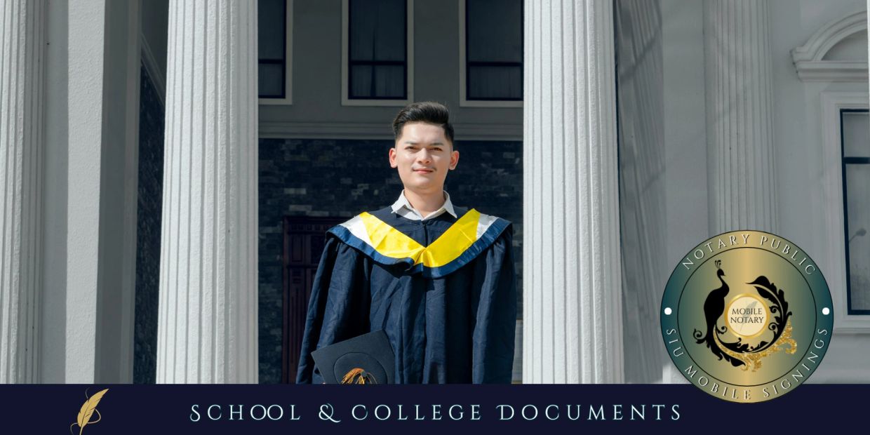 Graduate standing between white columns holding a diploma.