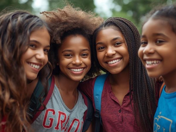 Four smiling girls posing closely together outdoors.