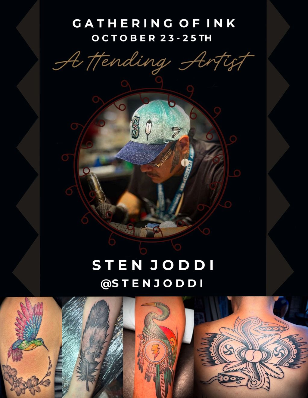 Tattoo artist Sten Joddi attending Gathering of Ink, showcasing bird tattoos.