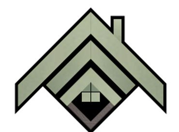 Abstract house logo with layered roof shapes and a window.