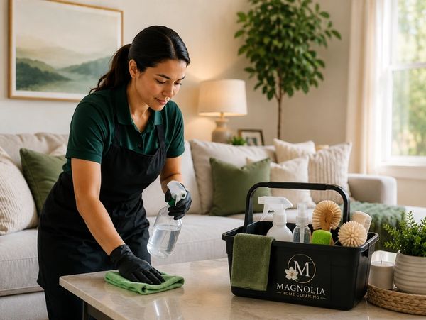 Professional cleaner wiping a table with cleaning supplies beside her.