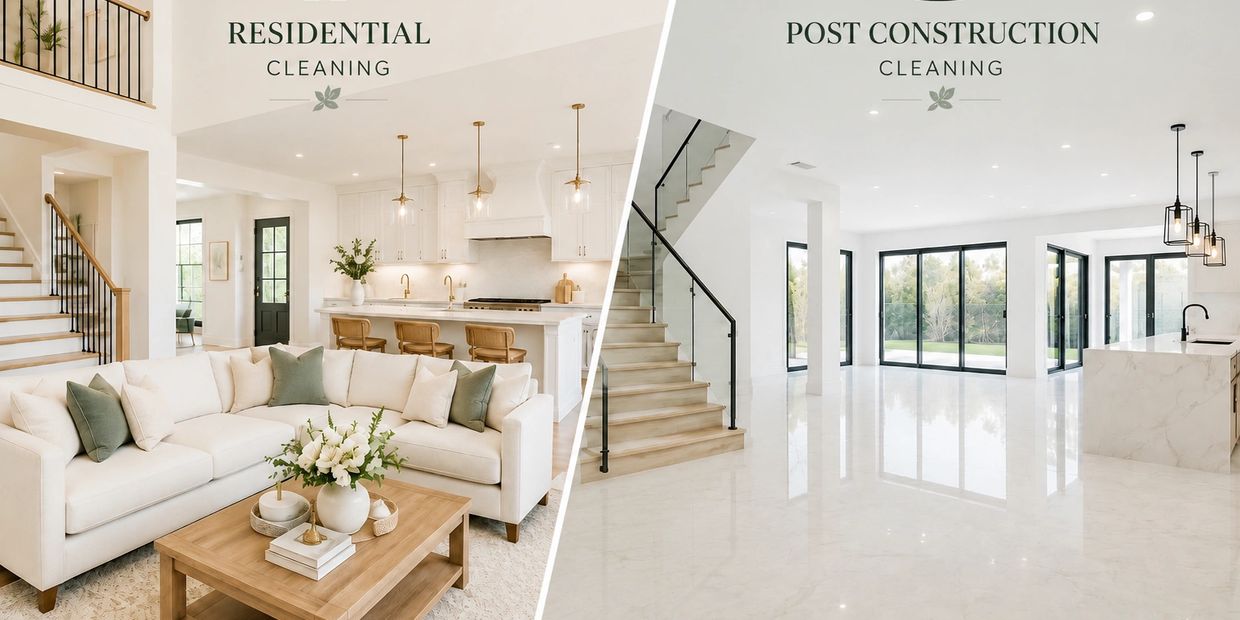 Clean, bright interiors showcasing residential and post-construction cleaning services.