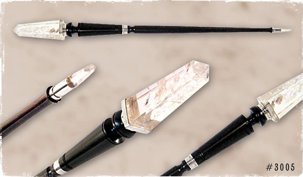 Magic wand features: Endcap: Quartz Obelisk / Handle & Shaft: Gabon Ebony / Tip: Quartz / Accent: St