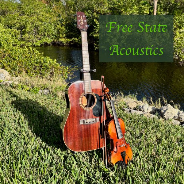 Acoustic guitar and violin on grass by water with 'Free State Acoustics' text.