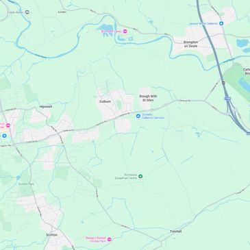 Map showing Colburn and nearby villages with roads and landmarks.