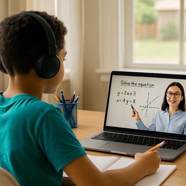 Image "Student participating in online tutoring session from home in Katy, Texas, using interactive