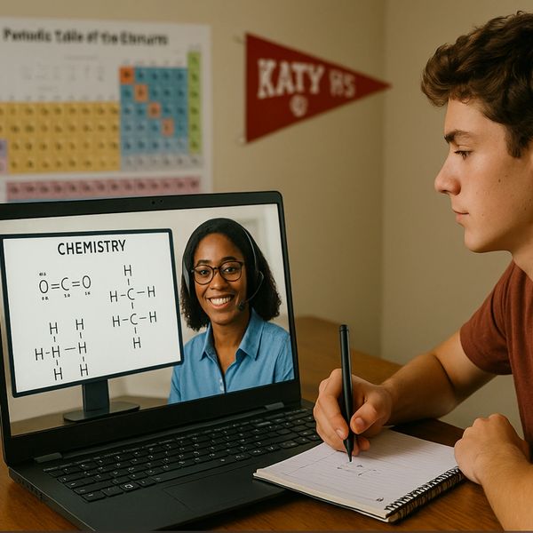 High school student in Katy reviewing chemistry concepts during virtual tutoring session with certif