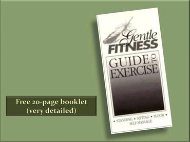Free 20-page Gentle Fitness exercise guide booklet on a green background.