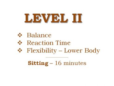 Level II focuses on balance, reaction time, and lower body flexibility with 16 minutes of sitting exercises.