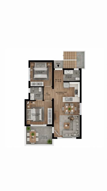 Compact 2-bedroom apartment with terrace, modern kitchen, and combined living space.