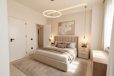 Modern beige bedroom with soft lighting and minimalist decor.