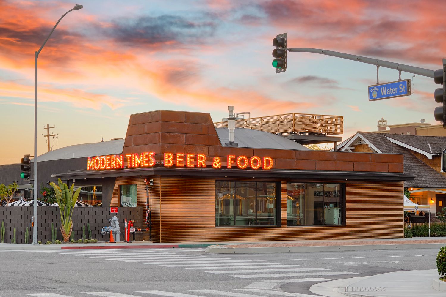 Modern Times Brewery Leisuretown building located in Anaheim, CA photographed at sunset