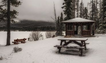 shelter, winter, bench, picnic table