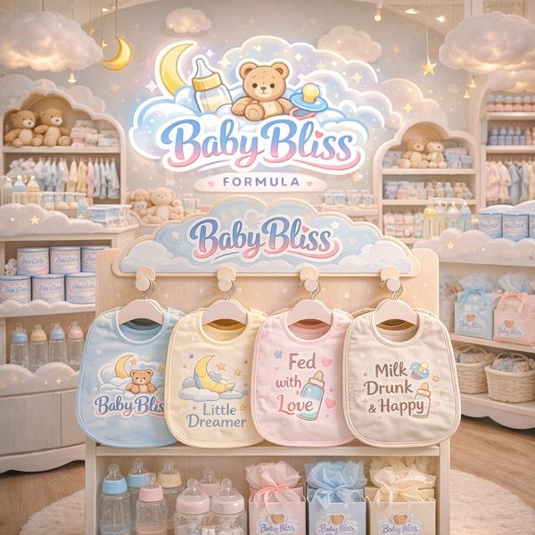 Baby Bliss formula display with colorful baby bibs and bottles.