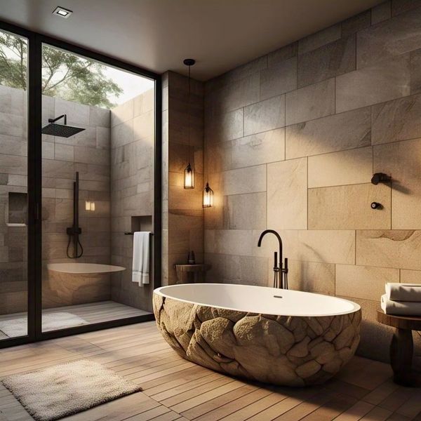 BAnheiro Revestido com a Pedra Carranca e Luminária