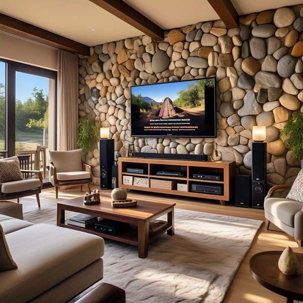 Parede da Sala revestida com seixo