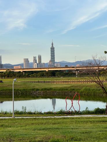 Skyline with Taipei 101 and reflection in water.